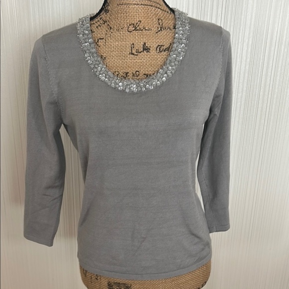 Talbots Gray Long Sleeve Top with Embellished Neckline